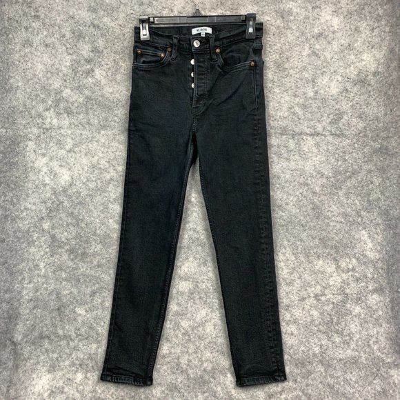 Re/Done Jeans 90s High Rise Ankle Crop Women's 26 Washed Noir Button Fly Denim - Picture 2 of 14